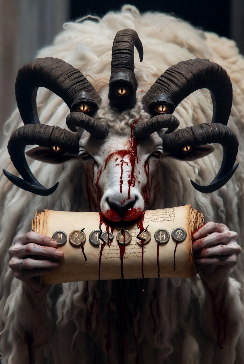 A photograph of a bloodied Lamb holding an ancient scroll with glowing runes in a cosmic Throne Room.