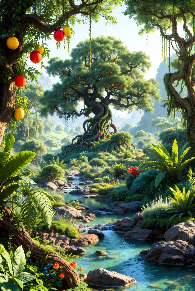 A detailed natural illustration of the Garden of Eden with lush trees, rivers, and the Tree of Knowledge.