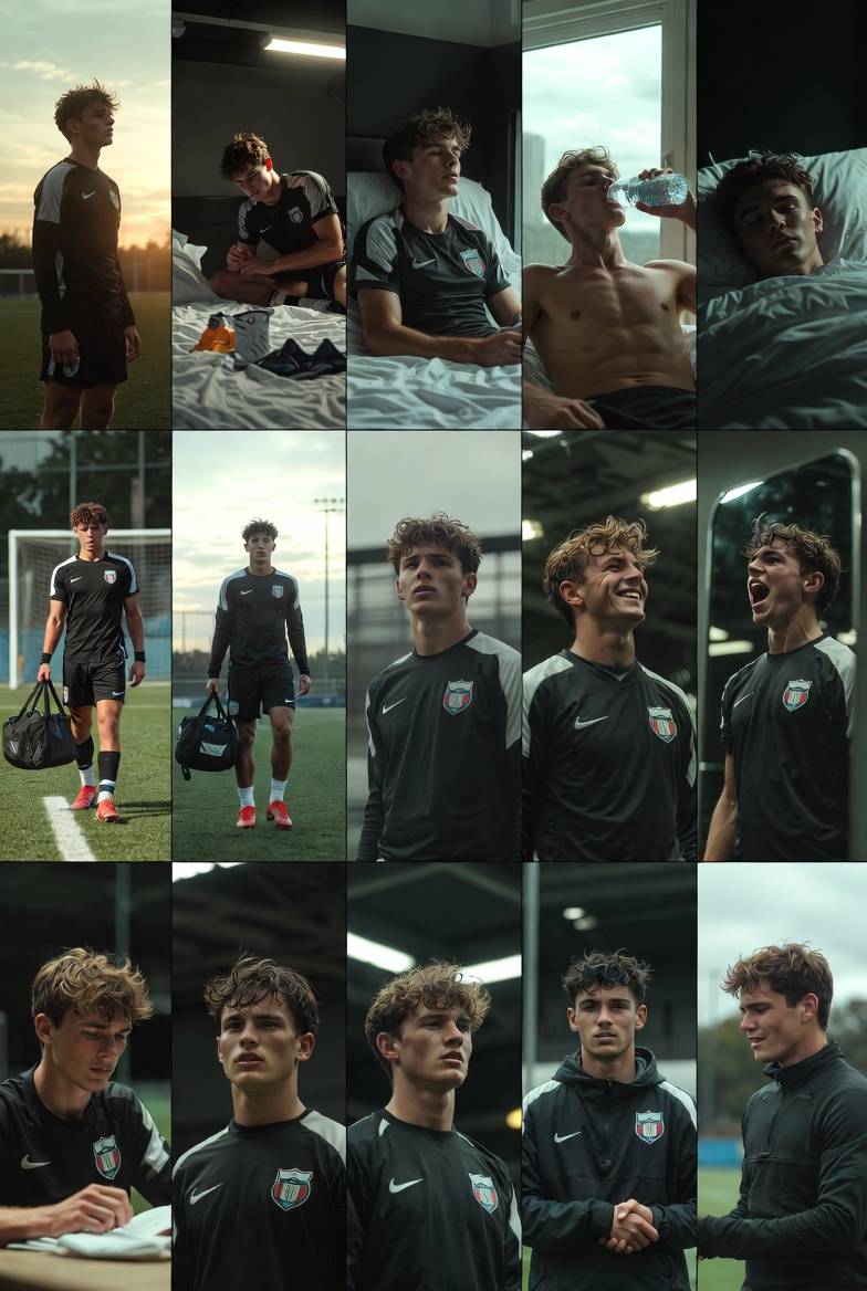 Create 18 ultra-premium vertical images for Google Web Stories, exact 9:16 aspect ratio, 1080x1920 resolution, photorealistic cinematic sports photography style.
Style: dramatic motivational football aesthetic like Nike/Adidas campaigns mixed with Sports Illustrated, golden-hour side lighting, moody atmosphere, shallow depth of field, rich colour grading, high contrast, epic and aspirational mood.
CRITICAL RULES:
- Strictly vertical 9:16 format, full bleed edge to edge
- Clear text safe zones: top 18% and bottom 25% must be simple, less detailed or softly blurred background so text overlays perfectly
- ZERO text, ZERO numbers, ZERO logos, ZERO watermarks, ZERO typography anywhere on the image
- Young athletic males 18-21 years old, diverse skin tones, intense focused expressions, real emotion
- Realistic modern training kits, hoodies, tracksuits (subtle small logos allowed like real football gear — nothing distracting)
- High emotional impact, storytelling, sharp 8K detail, professional colour grading
Generate exactly these 18 scenes in the exact same consistent style and lighting:
1. Powerful off-pitch boost moment — young footballer standing tall on training pitch at golden hour, determined expression
2. Young aspiring pro preparing off the pitch, focused and organised in modern bedroom with football kit laid out
3. Young player drinking water with electrolytes, fresh hydrated energy by bright window
4. Deep restorative sleep — young footballer peacefully sleeping in dark quiet bedroom, calm and recovered
5. Young player carefully preparing his kit the night before trial, boots and bag neatly arranged
6. Young footballer arriving early at trial ground, positive confident walk with kit bag
7. Young player encouraging teammates during warm-up, natural leadership and team spirit
8. Clean and professional young footballer standing ready, sharp appearance and positive body language
9. Epic contract-success moment — young player celebrating after strong trial, huge smile and achievement energy
10. Honest elite checklist moment — young footballer looking thoughtfully at himself in mirror, determined self-reflection
11. Young player training alone at home, deep love for the game, no one watching
12. Young aspiring pro measuring himself against better players, intense focused training
13. Mental strength scene — young footballer bouncing back from mistake, resilient expression
14. Young player writing down bad habits and replacing them, focused journal moment
15. Daily consistency — young footballer doing extra training even when tired, pure dedication
16. No excuses mindset — young player owning a tough session, strong and accountable
17. Young footballer fixing habits fast, before-and-after energy of growth
18. Elite achievement — young footballer shaking hands with scout after trial, massive genuine smile and success vibe
Ultra sharp, photorealistic, premium football vibe, consistent characters and lighting across all 18 images, motivational and scroll-stopping.