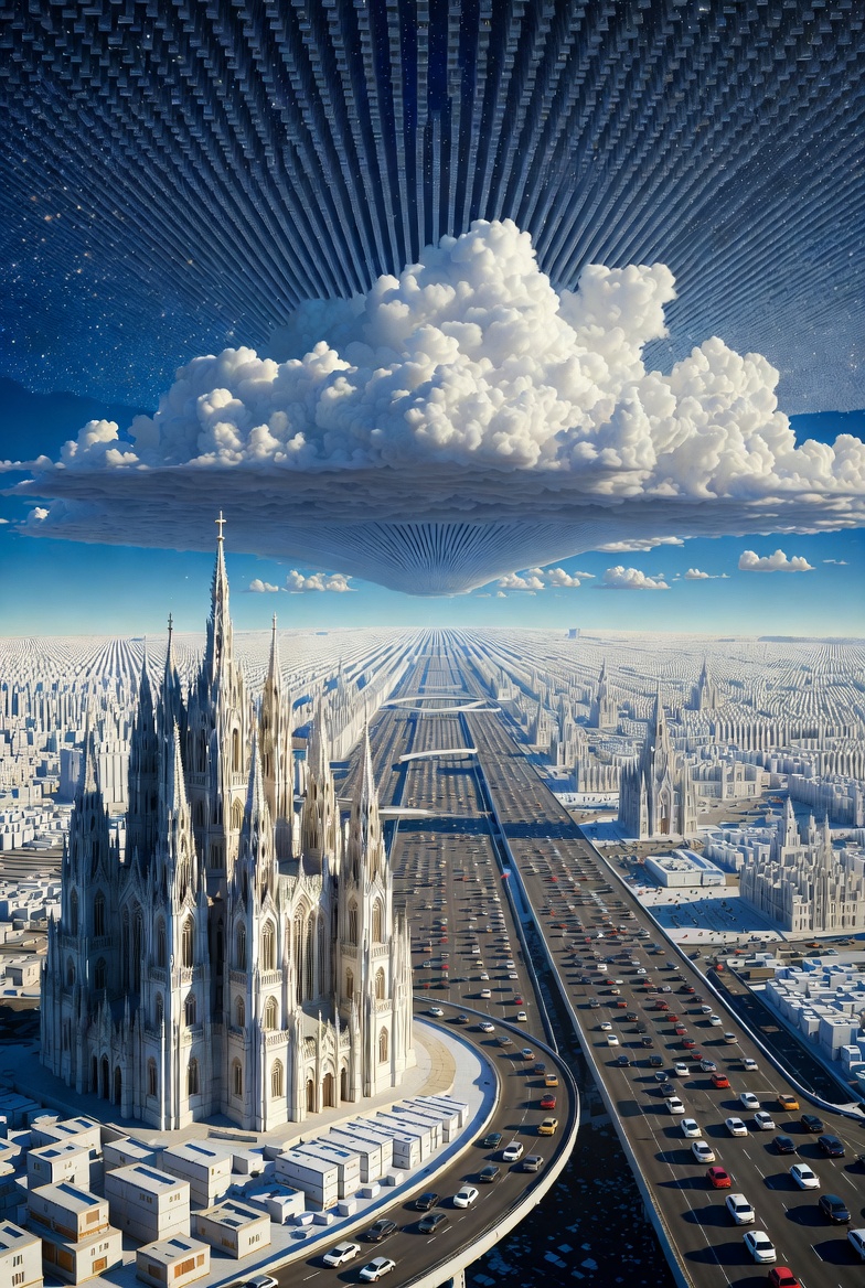 A conceptual abstract image illustrating monoculture as a vulnerability multiplier, featuring a cathedral, highway, cloud, and heavens with uniform patterns.