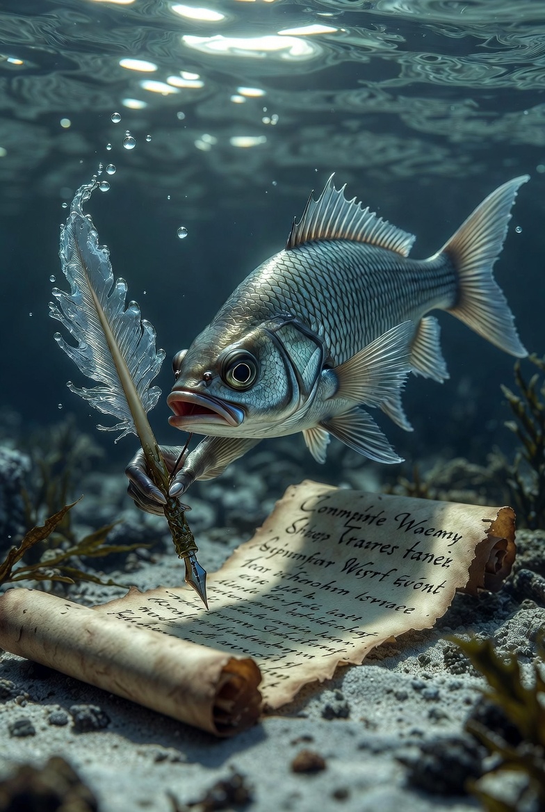 A fish writes a complaint about water in a surreal underwater scene, evoking existential themes.