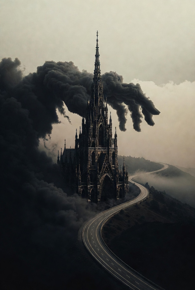 A photograph-style abstract of Physical and Trust Recovery, featuring a cathedral and winding highway in a somber landscape.