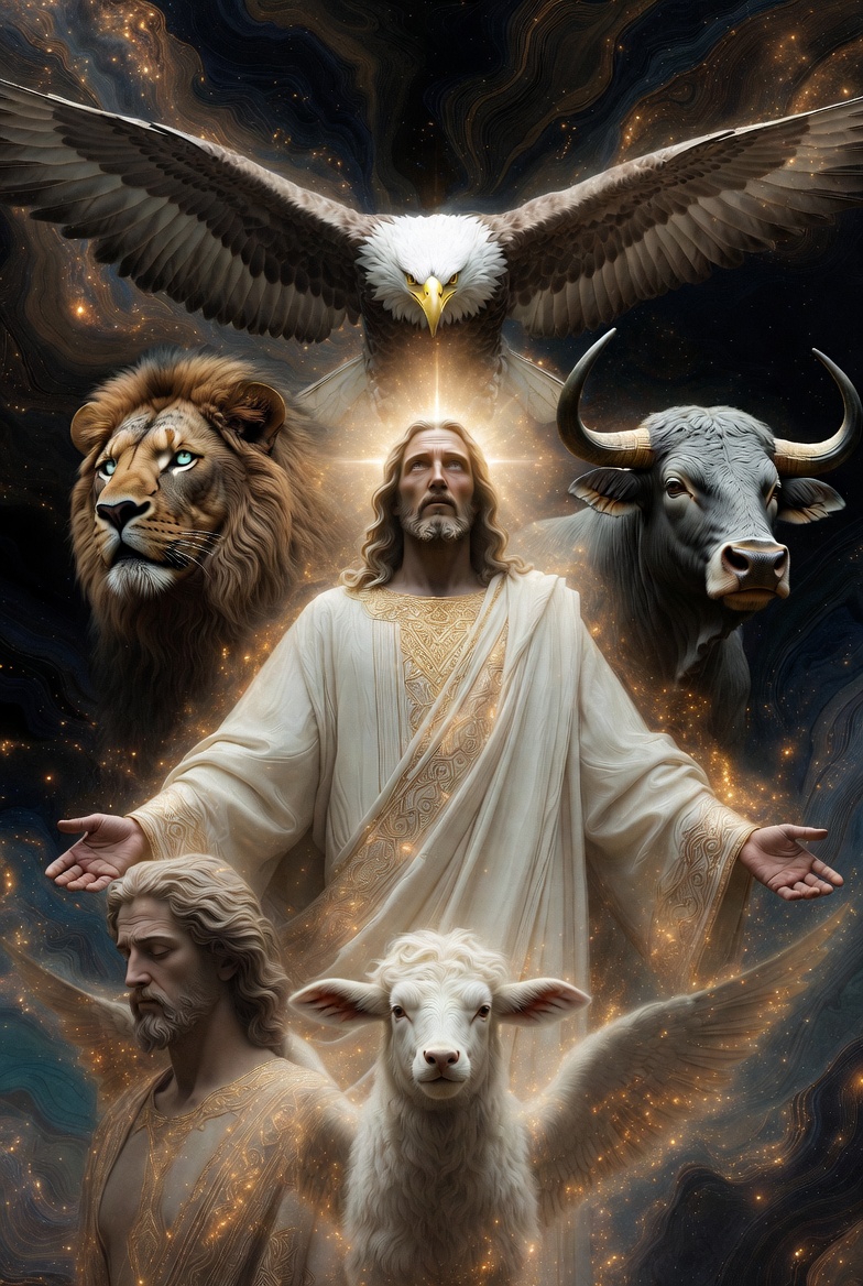 A conceptual artwork of Jesus Christ as the Terminus, surrounded by symbolic beasts in a dark, cosmic setting.