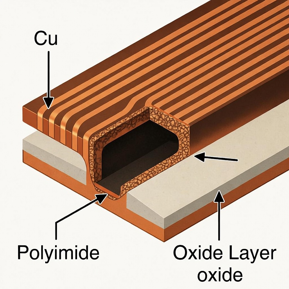 Detailed cross-section diagram illustrating oxidation progression at an open FPC via edge, showing oxide layer growth and potential delamination path