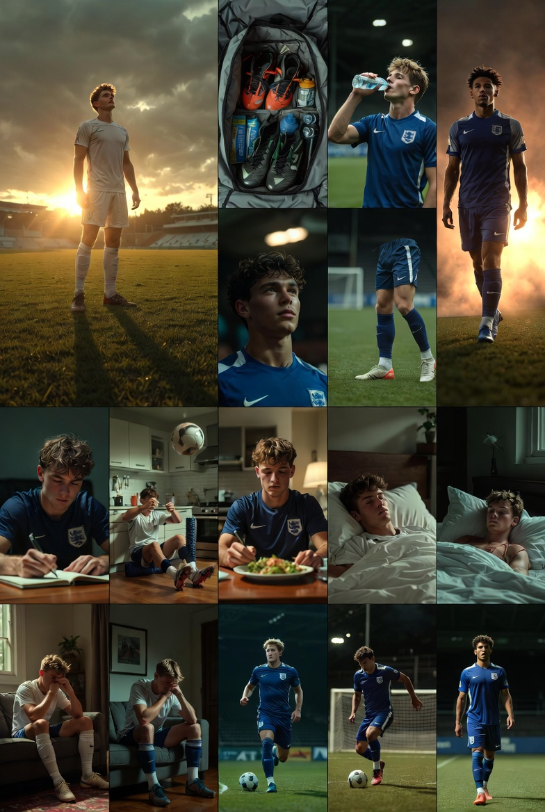 Tuesday Web Story 1 – Real Opportunities Await
Prompt 1: Cinematic vertical image of a talented 18-21 year old football player standing confidently on a lush green UK football pitch at sunrise, dramatic golden light, determined and hopeful expression, high detail, photorealistic, no text, no words, no logos
Prompt 2: Vertical image of a young football player carefully organizing his kit bag with boots, water bottles, electrolytes and nutrition packs, clean modern setting, high detail, photorealistic, no text, no words, no logos
Prompt 3: Vertical image of a young football player drinking water and taking electrolytes on the sidelines of a football pitch, focused and hydrated, high detail, photorealistic, no text, no words, no logos
Prompt 4: Vertical image of a young football player eating a balanced meal with carbs and proteins 3-4 hours before a trial, clean kitchen, high detail, photorealistic, no text, no words, no logos
Prompt 5: Vertical close-up of a young football player in deep focus 60-90 minutes before a trial, calm concentrated expression, high detail, photorealistic, no text, no words, no logos
Prompt 6: Vertical image of a young football player recovering with stretching and foam roller after a trial session, relaxed and limber, high detail, photorealistic, no text, no words, no logos
Prompt 7: Vertical image of a young football player sleeping peacefully in bed for good recovery, dark quiet room, high detail, photorealistic, no text, no words, no logos
Prompt 8: Vertical image of a young football player staying limber and stretching on the pitch, flexible and ready for multiple games, high detail, photorealistic, no text, no words, no logos
Prompt 9: Vertical image of a talented 18-21 year old football player walking confidently onto a UK trial pitch, full of energy and opportunity, dramatic lighting, high detail, photorealistic, no text, no words, no logos
Thursday Web Story 2 – Off-Pitch Habits That Make or Break
Prompt 1: Cinematic vertical image of a young football player writing in a notebook making himself accountable for daily habits, clean desk, high detail, photorealistic, no text, no words, no logos
Prompt 2: Vertical image of a young football player preparing a healthy meal with proteins and carbs for good off-pitch habits, modern kitchen, high detail, photorealistic, no text, no words, no logos
Prompt 3: Vertical image of a young football player sleeping deeply for recovery, peaceful bedroom, high detail, photorealistic, no text, no words, no logos
Prompt 4: Vertical image of a young football player doing stretching and injury prevention exercises at home, focused and disciplined, high detail, photorealistic, no text, no words, no logos
Prompt 5: Vertical image of a young football player breaking his routine after a small setback, looking frustrated on the sofa, high detail, photorealistic, no text, no words, no logos
Prompt 6: Vertical image of a young football player struggling with 3-4 days off training, low energy on the pitch, high detail, photorealistic, no text, no words, no logos
Prompt 7: Vertical image of a young football player overcoming adversity, getting back to training with strong resilience, high detail, photorealistic, no text, no words, no logos
Prompt 8: Vertical image of a young football player available and ready even when not fully warmed up, stepping onto the pitch with determination, high detail, photorealistic, no text, no words, no logos
Prompt 9: Vertical image of a talented 18-21 year old football player walking confidently onto a UK trial pitch with perfect off-pitch habits shining through, dramatic lighting, high detail, photorealistic, no text, no words, no logos