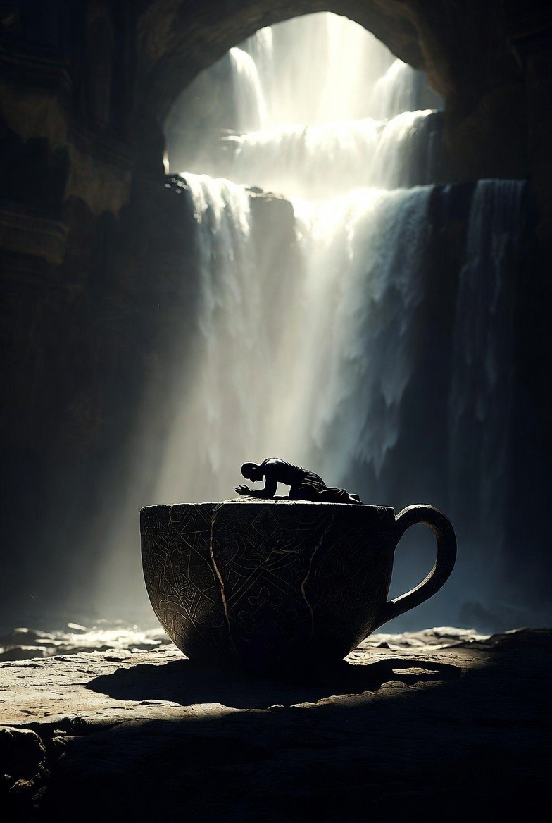 A photograph of an architectural scene with dramatic lighting, featuring a cup structure and a figure in a misty, symbolic setting.