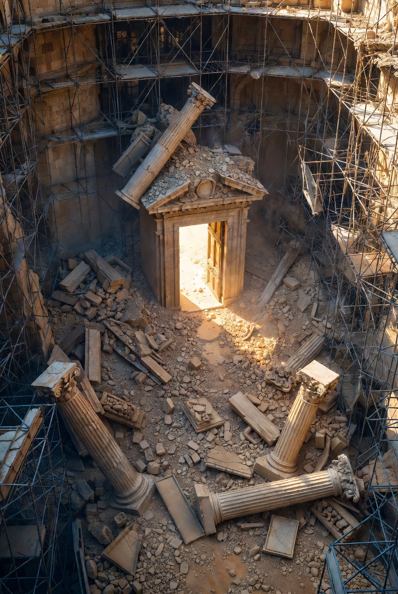 Aerial view looking down through collapsed scaffolding and fallen tower fragments scattered across ancient stone ground. Through the rubble and dust a single structure remains standing at center untouched and luminous. Not a temple. Not a church. A simple open doorway made of light with no walls attached to it. The fallen pieces are ornate and beautiful — fragments of institutions, carved stones, broken columns, shattered tablets — all clearly costly and carefully made. None of them damaged the doorway when they fell. The doorway was never connected to them. Warm golden light pours through the standing doorframe onto the scattered rubble. The rubble casts long shadows. The door casts none. Painterly style. Muted earth tones for the fallen architecture. The only vivid color is the light in the doorway. No people. No text. No religious symbols. The mood is not destruction but completion. The scaffolding is down because the building is finished.