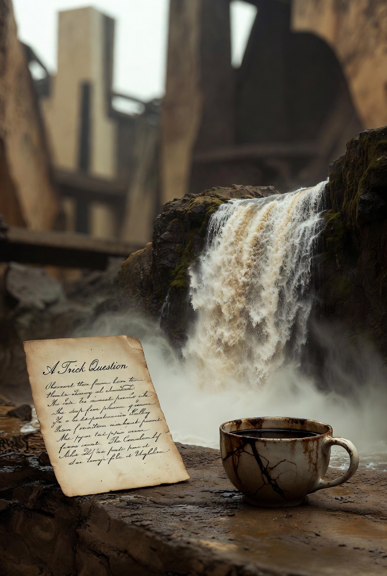 A photographic still from "The Architecture of Recursion" featuring handwritten note, waterfall, and cup in a triangular composition.