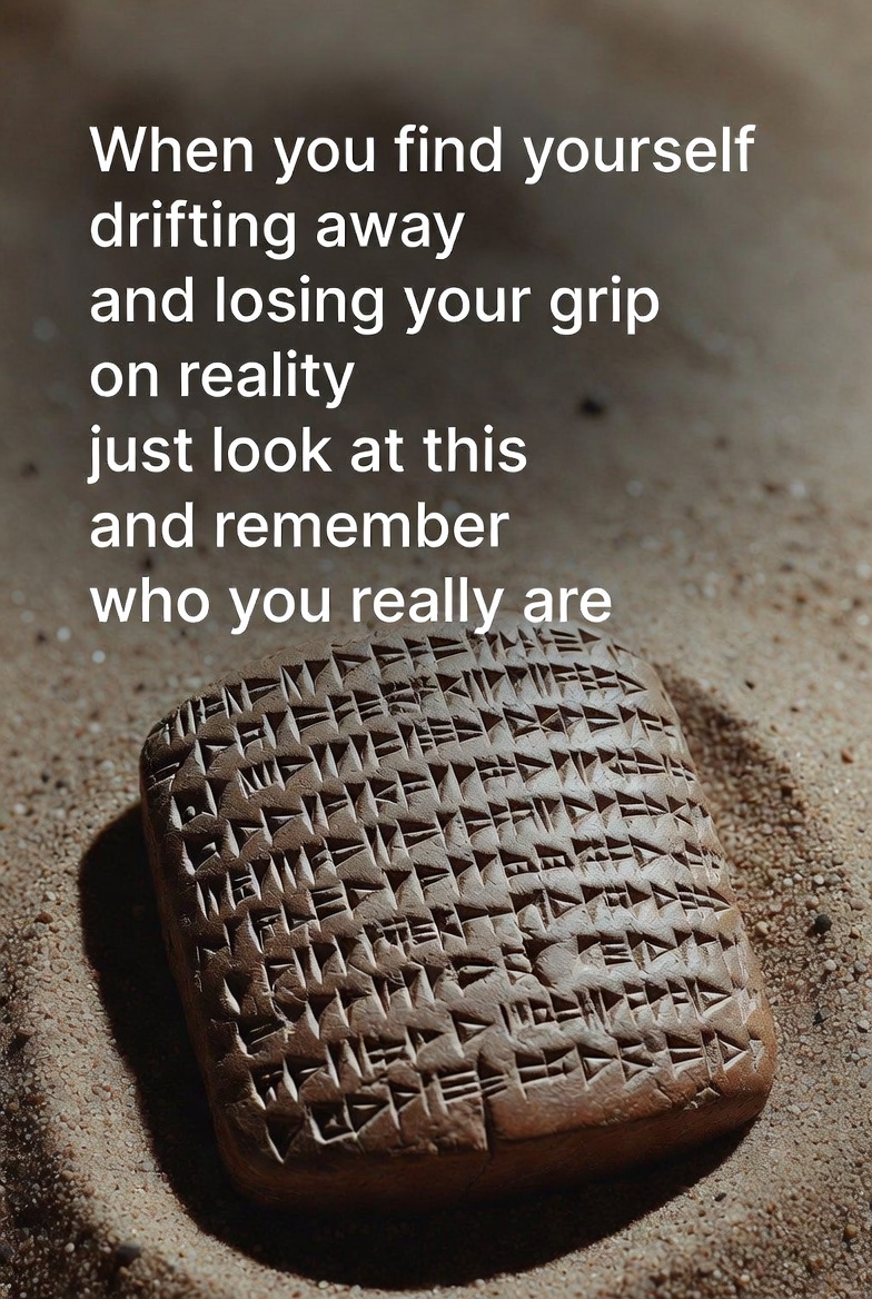 A photograph of an ancient clay tablet with cuneiform script on sandy ground, featuring a reflective text overlay.