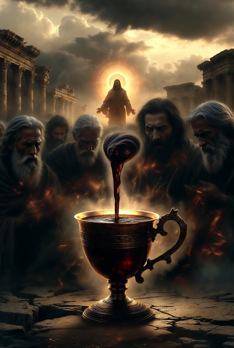 A visionary scene of a prophetic cup filling with dark liquid, surrounded by shadowy prophets and a divine figure, in a dramatic, ancient setting.