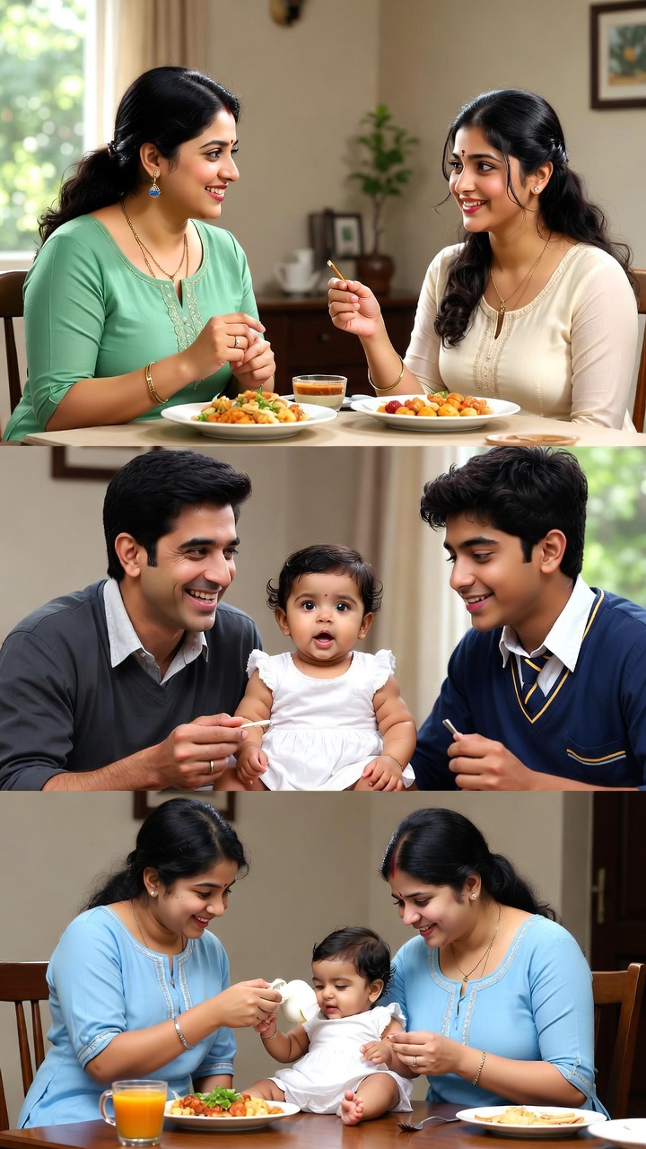 A family breakfast scene with Neetu, Anusha, Harish, Sheela, and children Nisha, Gireesh, and Suresh.