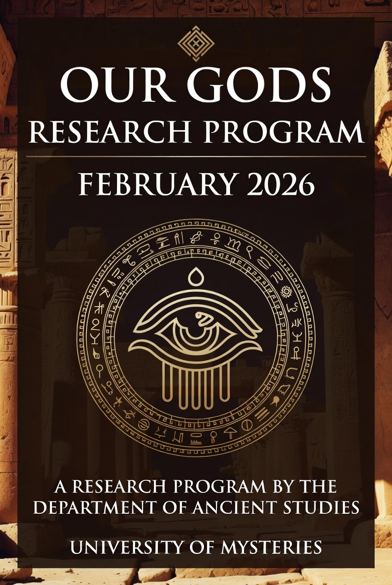 A promotional poster for the Our Gods Research Program in February 2026, featuring a dark background with white text and a central emblem.