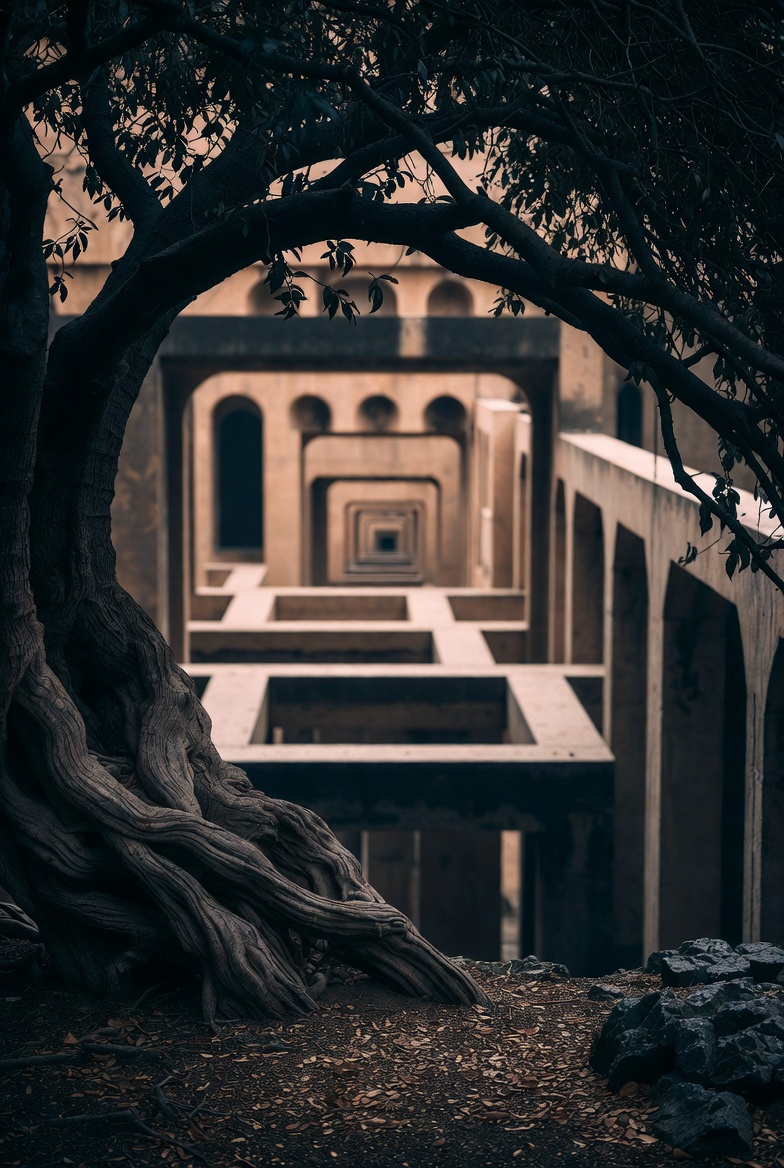 A photograph of an architectural scene with recursive buildings, a tree, and biblical themes in a somber, muted style.