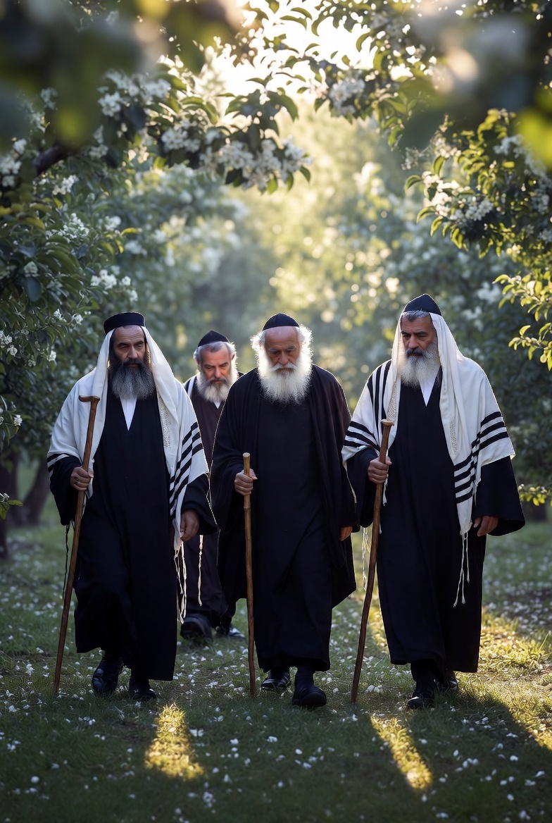 Four ancient Jewish sages walk through an orchard, symbolizing a spiritual journey.