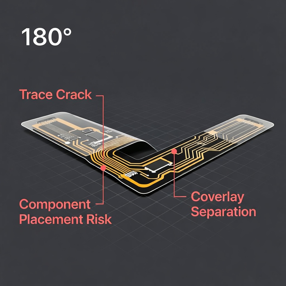 Typical failure locations in 180° folded FPC — trace cracks, coverlay separation, and component placement risks