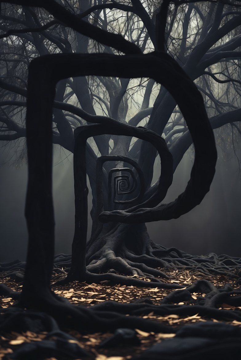 A conceptual art installation of a dark tree symbolizing the biblical tree of knowledge, in a somber, contemplative style.