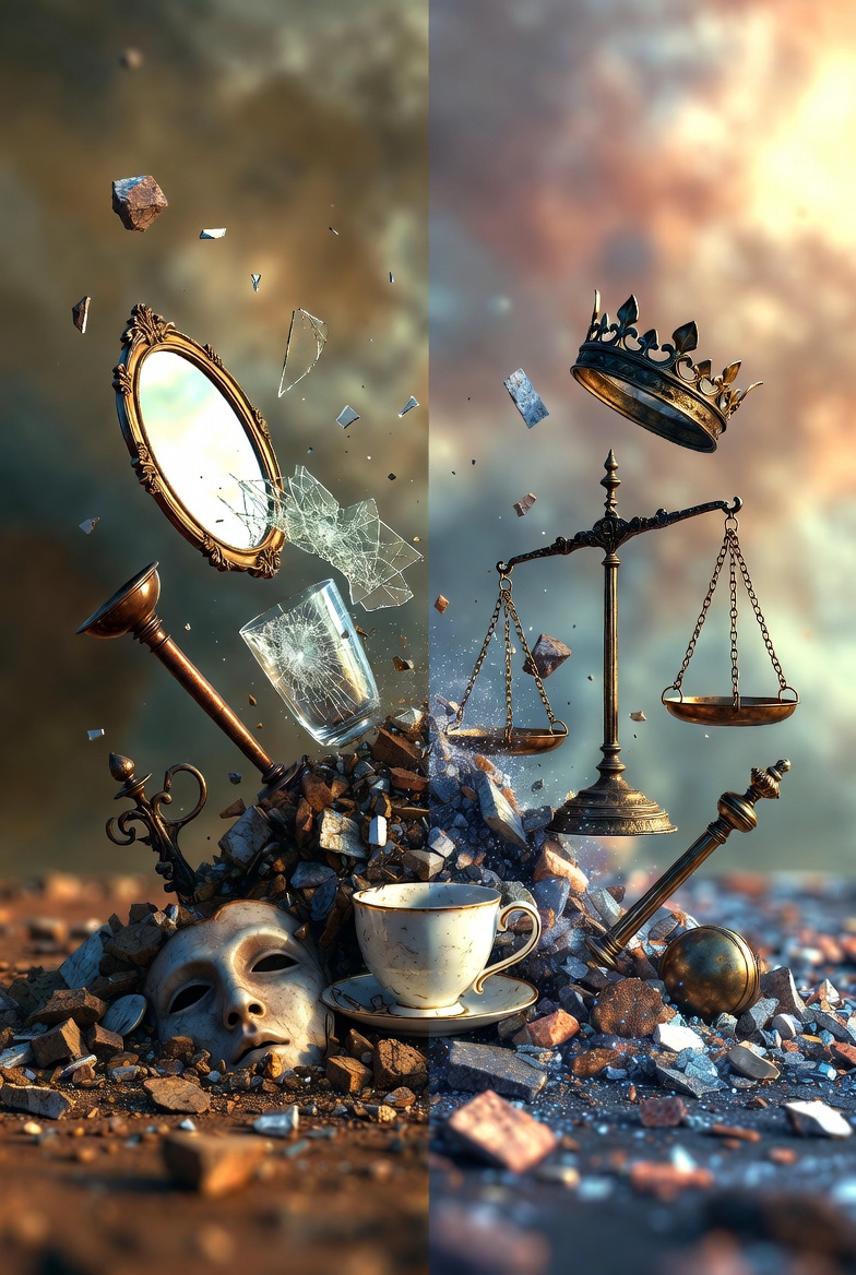 A symbolic photograph of overlapping debris fields representing human and divine corruption converging on a central cup.