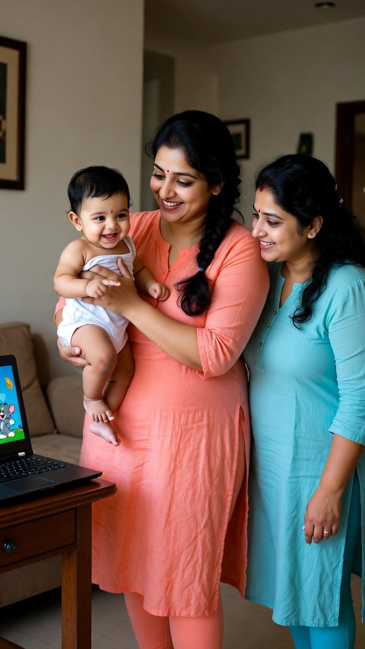 A family moment with Neetu, Nisha, and Sheela in a cozy home, watching Tom & Jerry on a laptop.