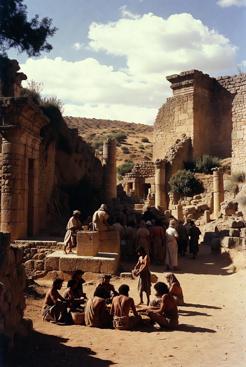 A photograph of ancient ruins with people gathered around, evoking the context of the Hurrian Hymn No. 6.