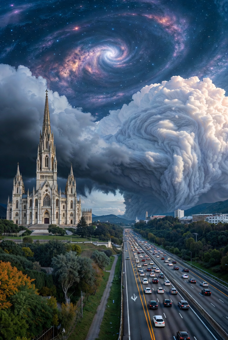 A photograph of interconnected system failures: a damaged cathedral, stalled highway, and corrupted cloud, under a cosmic sky.