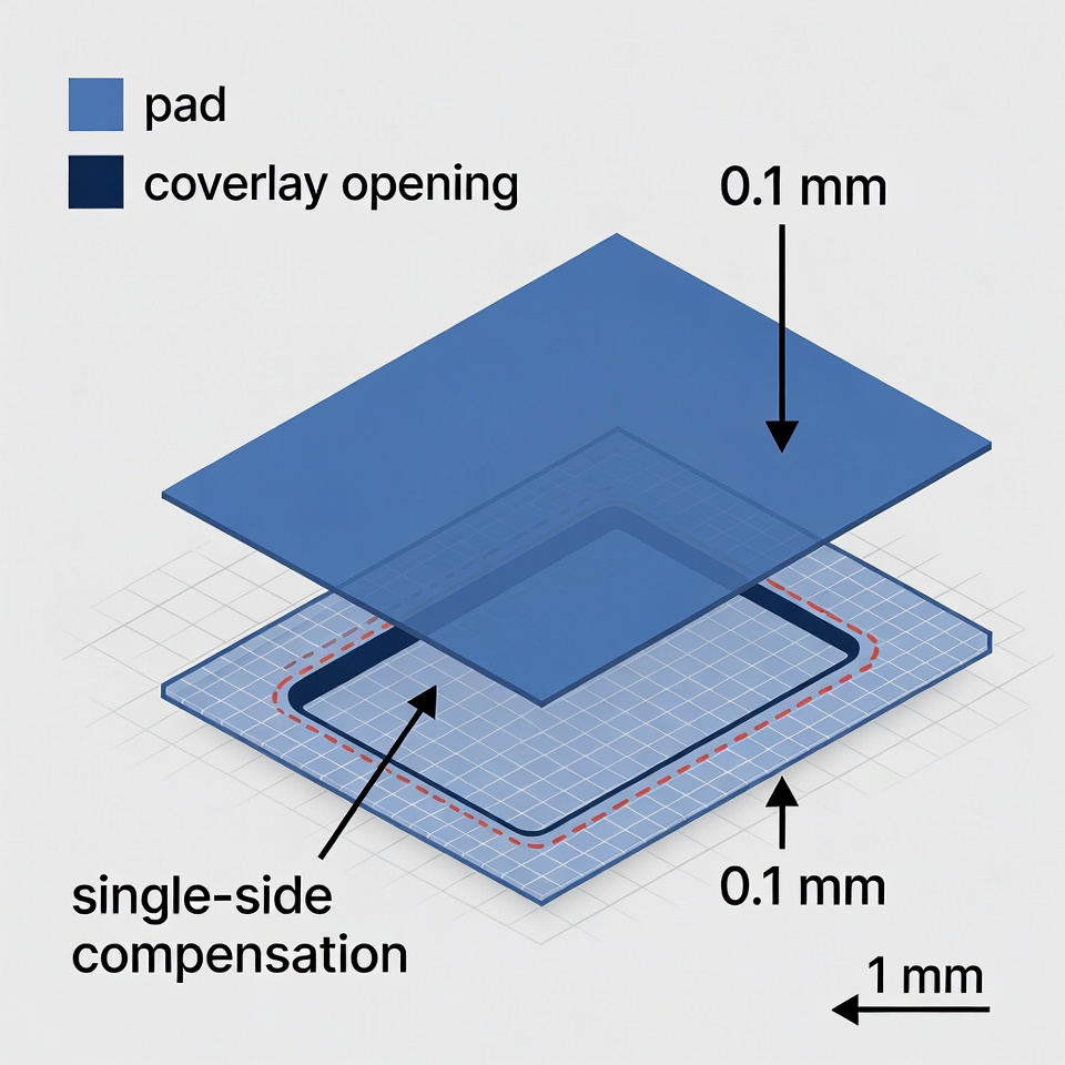 CAD overlay showing original design pad versus coverlay opening after single-side compensation (0.1 mm enlargement highlighted).