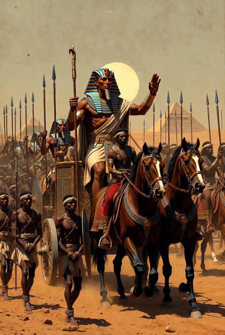 An ancient Egyptian pharaoh leads a military campaign in a desert with soldiers and captives, in a textured digital style.
