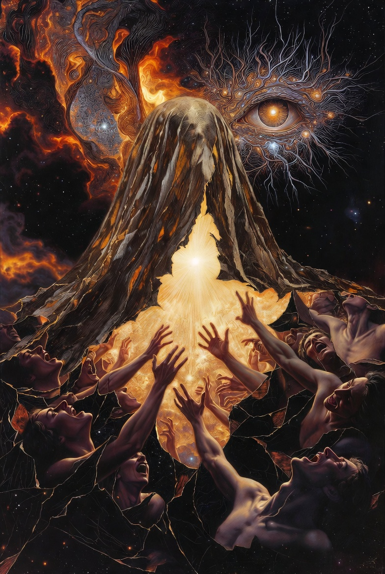 A surreal artwork titled "The Veil" depicting a torn veil revealing light, with ecstatic figures in an apocalyptic setting.