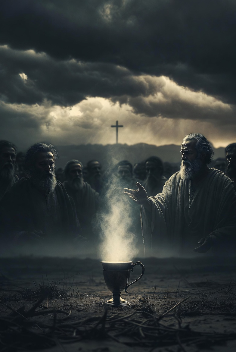 A photograph of prophets gazing at a glowing cup in a dark, ominous sky, evoking divine vision.