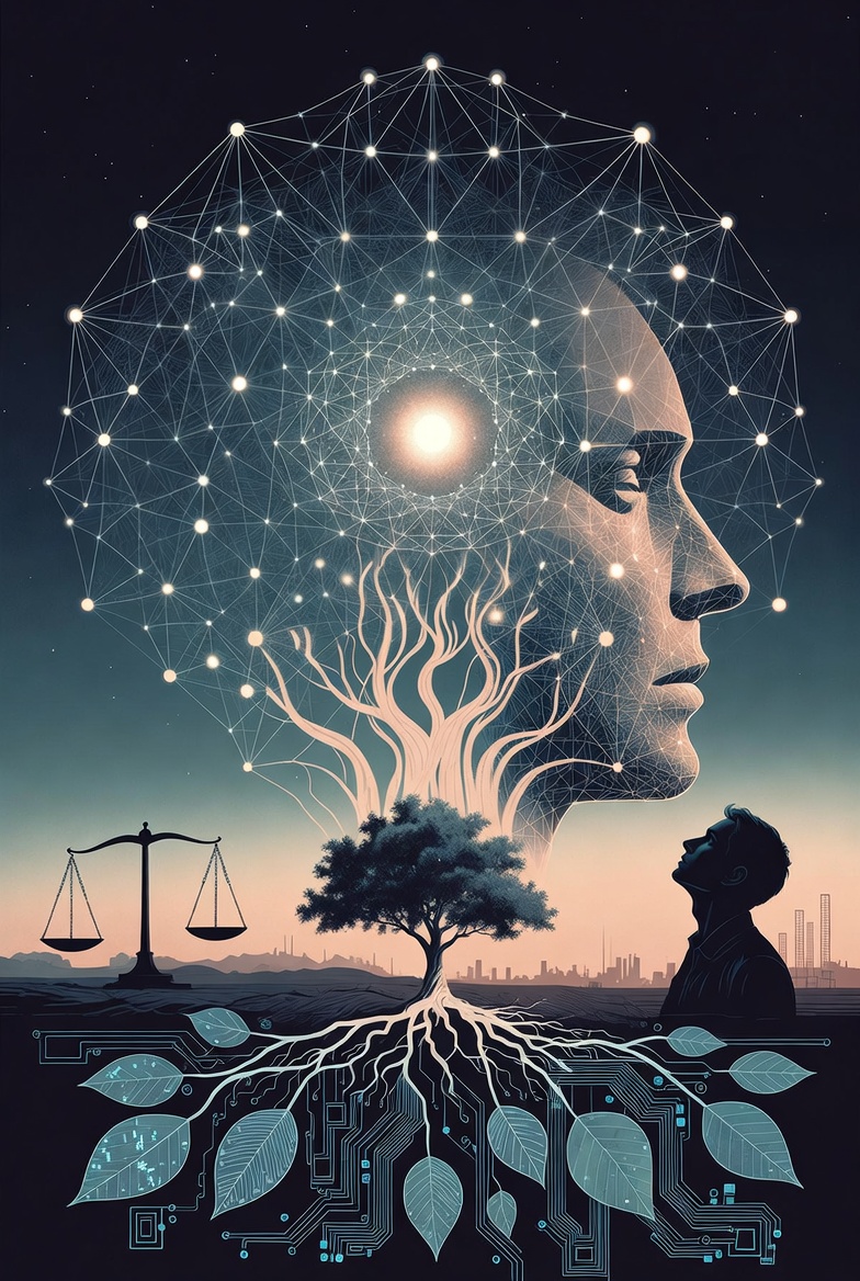 A digital illustration of technology's societal impact, featuring a network, glowing orb, balance scale, human figure, and tree blending nature and tech.