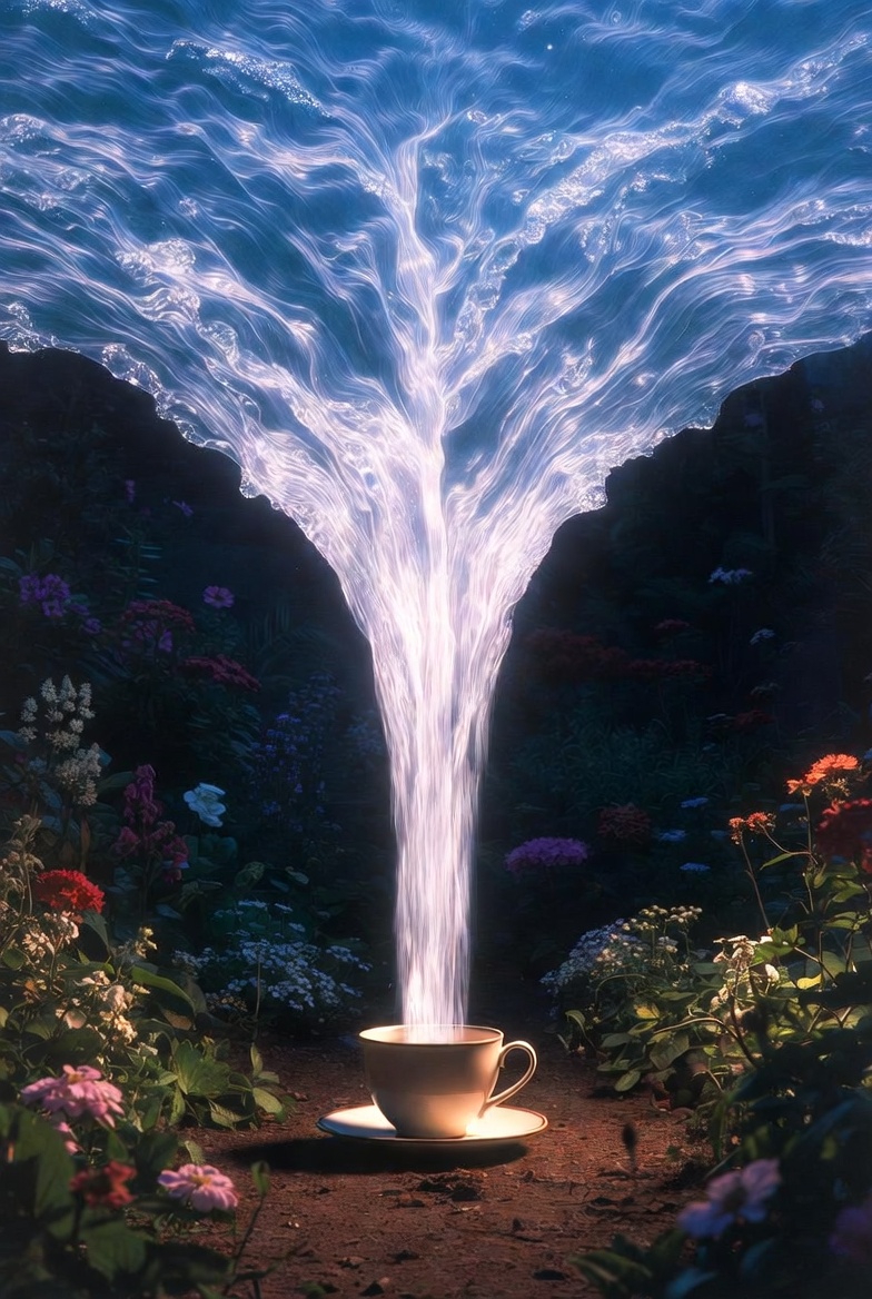 A symbolic photograph of converging streams into a cup in a garden, representing human and divine influences.