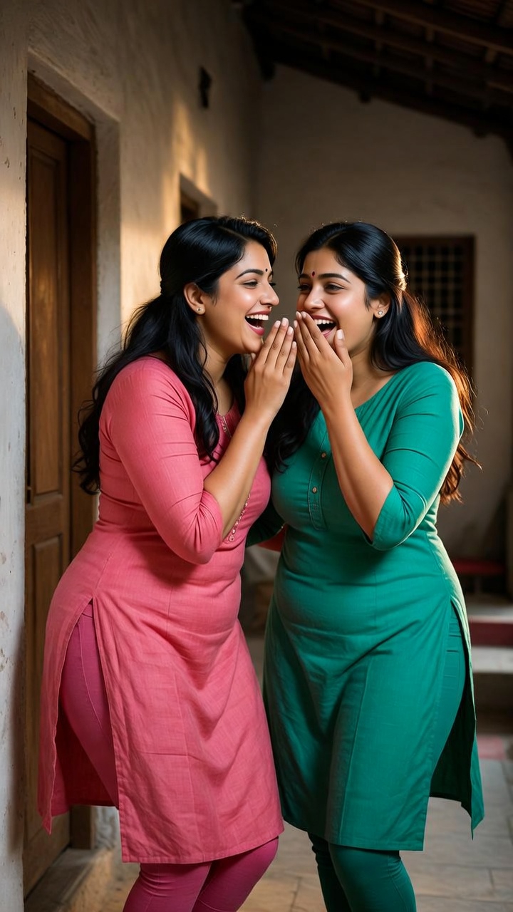 A photograph of Rajani and Neetu, two Indian women in a playful conversation in a rustic village home.