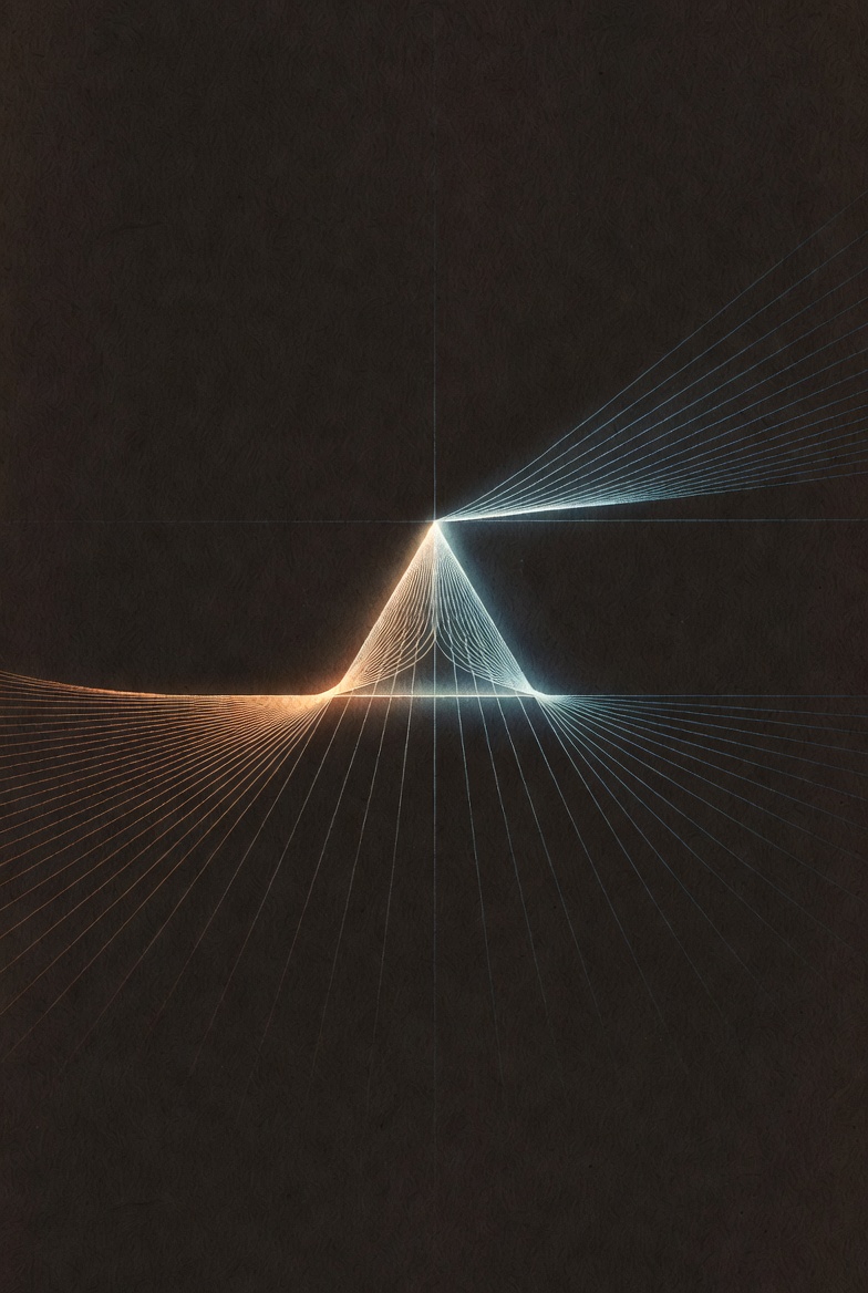 Abstract geometric construction on dark parchment background. Two distinct construction paths rendered in precise compass-and-straightedge style converge on a single luminous equilateral triangle centered in the composition. One path approaches from the left using smooth curved trajectory arcs in warm amber tones, thinning and flowing across environments. The other path approaches from the right using sharp angular orientation lines in cool silver-blue, structured as forceful derivations. Both paths arrive independently at the same three clean vertices of the central triangle. The equilateral triangle itself is luminous, precise, and radiant with high contrast. No religious iconography, no symbols, no text, no faces, no halos, no Trinity references. Pure mathematical derivation aesthetic. Mood of convergence through independence. Euclid meets cosmological cartography. Minimal, high-contrast, clean geometry as the sole focus.