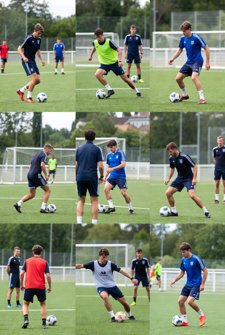 A photographic collage of young football players in training, showing drills and interactions in a professional environment.