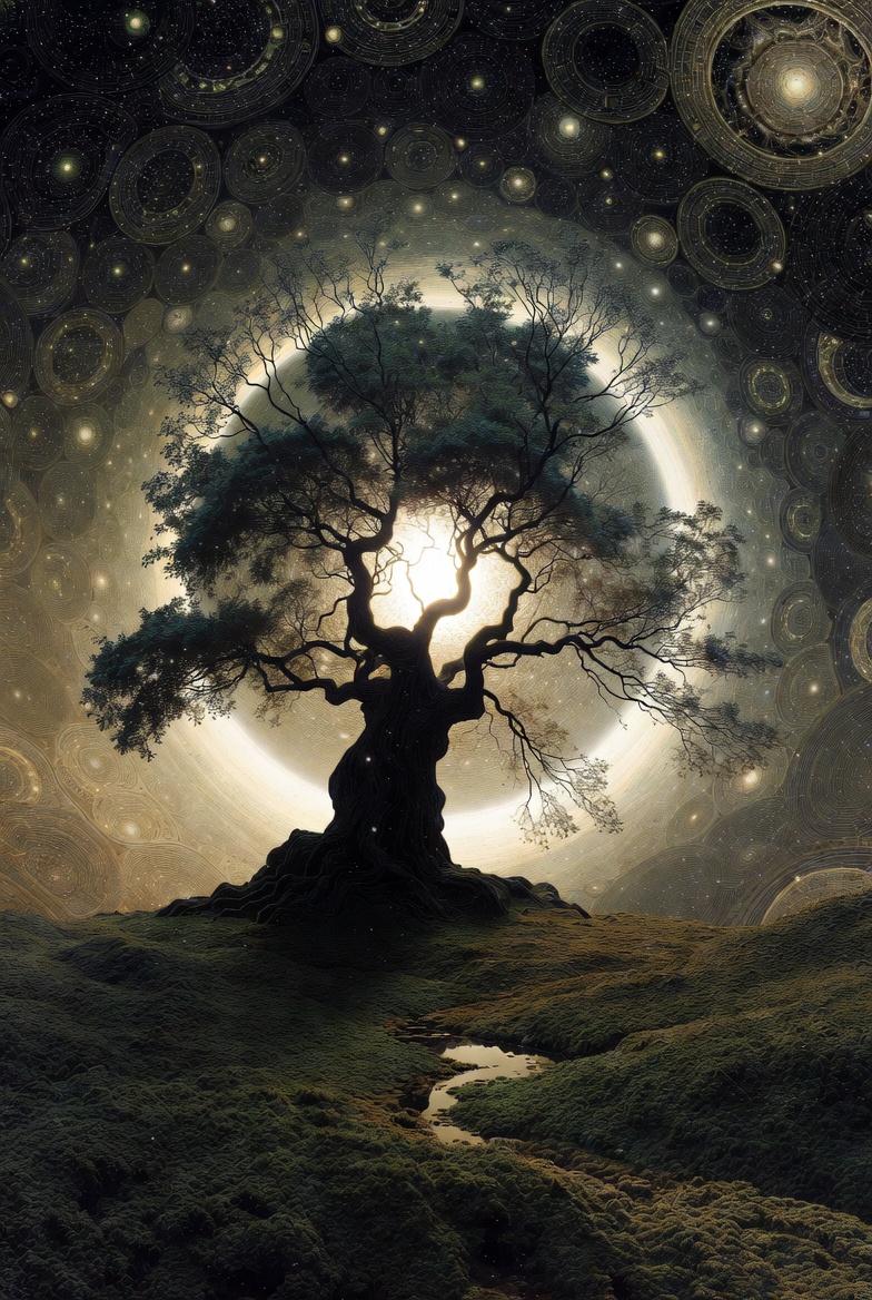 A conceptual illustration of "THE CASCADE AND THE CUP: Movement I: The Garden Configuration" inspired by recursion, featuring a central tree with light halo in a cosmic, organic setting.