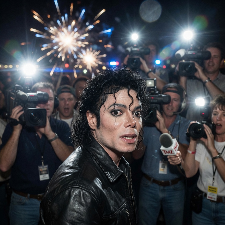 Ultra realistic cinematic close-up portrait of Michael Jackson, pale-skinned male pop superstar with curly black wet hair, standing in front of a chaotic crowd of paparazzi at night, intense camera flashes exploding behind him, emotional and shocked facial expression, looking slightly over his shoulder toward the camera, black leather jacket, dramatic tabloid scandal atmosphere, reporters holding microphones and cameras, shallow depth of field, moody blue and white lighting, highly detailed skin texture, realistic eyes, tense Hollywood media scandal scene, cinematic composition, photorealistic, 4K, high contrast, dark background, documentary photography style, no text, no arrows, no circles, no watermark