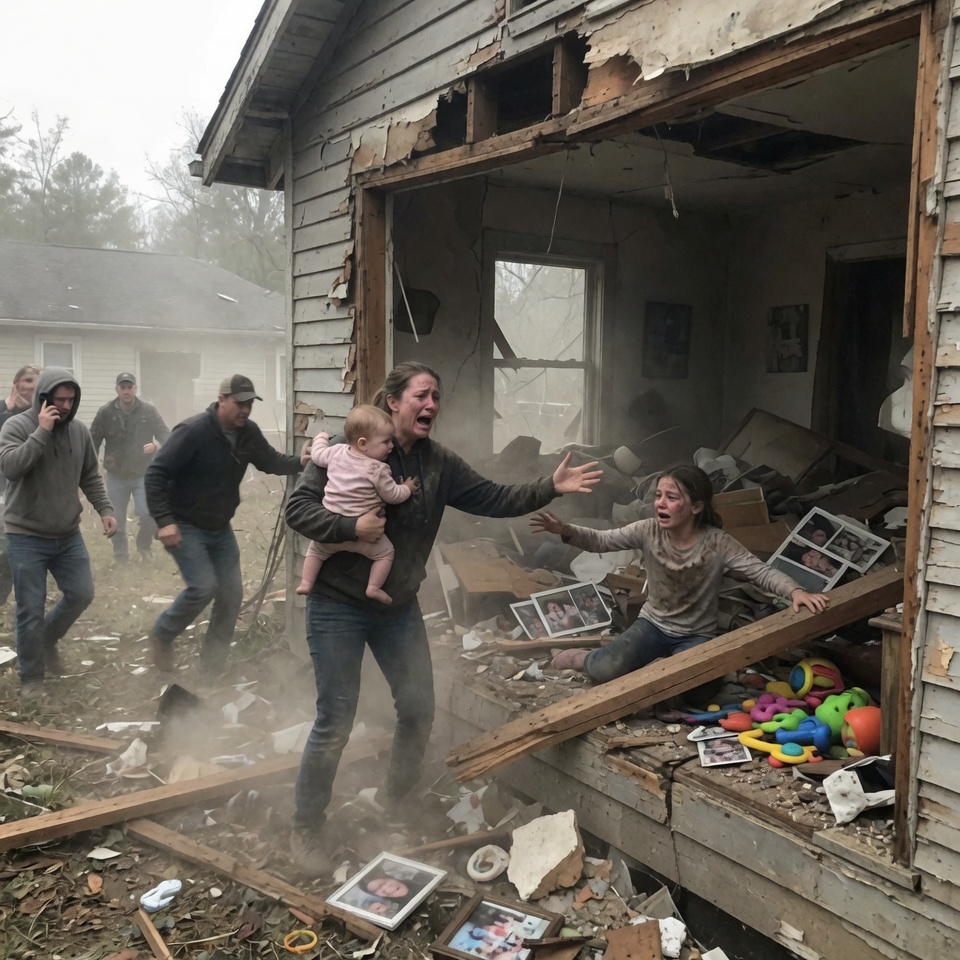 Ultra-realistic smartphone documentary photograph, authentic iPhone 15 Pro snapshot, perfect square composition (1:1). The image must look exactly like a genuine viral Facebook or Reddit photo captured by a shocked neighbor during the immediate aftermath of a house collapse. Absolutely NO cinematic lighting, HDR, movie-poster composition, beauty filters, AI-perfect faces, exaggerated emotions, or staged poses. The image should feel completely authentic, like an ordinary person instinctively pulled out their phone during a real disaster.
A partially collapsed older two-story family home in Asheville, North Carolina. Thick dust still hangs in the air after a powerful earthquake. Broken wooden beams, cracked walls, shattered windows and debris cover the front living room, but the structure is no longer actively collapsing.
Through the large opening where the front wall has collapsed, a 12-year-old girl is visible inside the damaged living room. One leg is trapped beneath a heavy wooden beam. She reaches one hand toward the front entrance with tears on her dusty face, frightened but conscious.
Just outside the doorway stands her mother, around 38 years old, holding a one-year-old baby girl tightly against her chest. Instead of running, she has stopped several feet from the entrance and turned back toward her older daughter. Tears stream down her face. Her free hand stretches desperately toward the trapped girl while nearby neighbors begin rushing toward the house to help. Her expression shows panic, heartbreak and helplessness—not abandonment.
Several neighbors are running toward the damaged house. One man appears to be calling emergency services while another prepares to enter the debris. The atmosphere is chaotic but believable.
Environmental details include broken furniture, scattered family photographs, children's toys, dust clouds illuminated by soft daylight, cracked wooden flooring and realistic earthquake damage.
Natural overcast daylight, realistic smartphone exposure, slight handheld camera shake, imperfect framing, mild motion blur from the person holding the phone, natural digital noise, authentic colors, no cinematic composition, no perfect symmetry, no staged expressions.
The image should feel exactly like a real viral Facebook photo that makes viewers wonder what happened between the mother, the trapped daughter, and the baby.