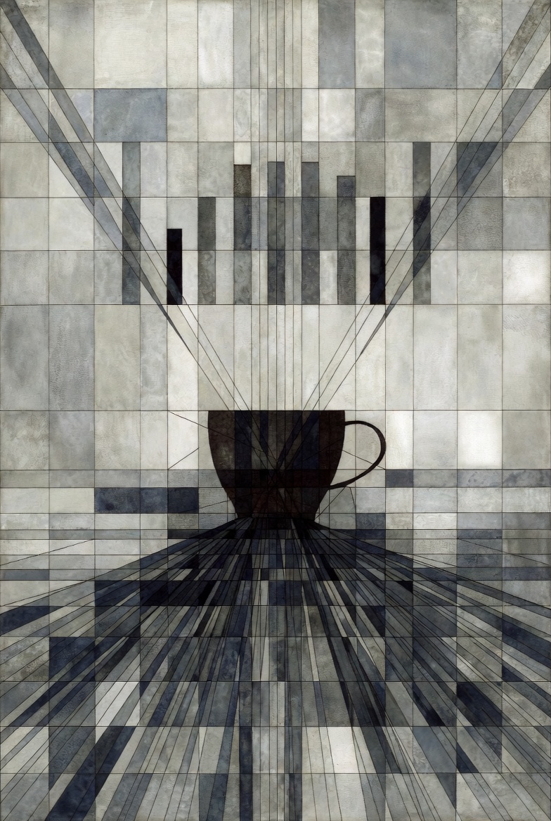 A conceptual abstract artwork exploring mathematical principles with a central cup-like symbol and radiating lines in muted tones.