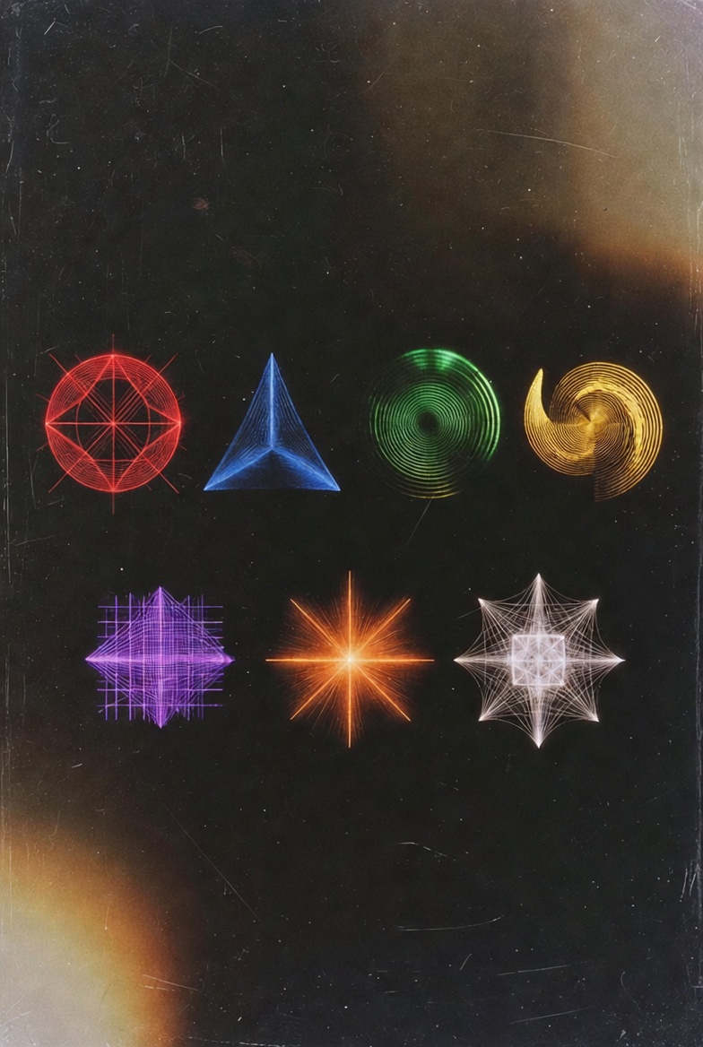 A photograph of seven abstract patterns symbolizing invariants on a dark, textured background.