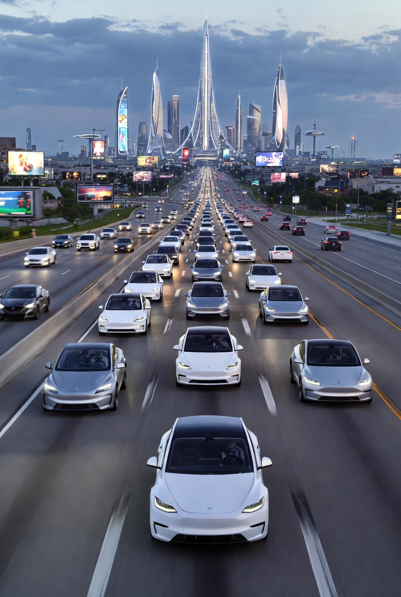 A futuristic highway scene in 2025 with Tesla vehicles in convoy, showcasing autonomous driving technology.