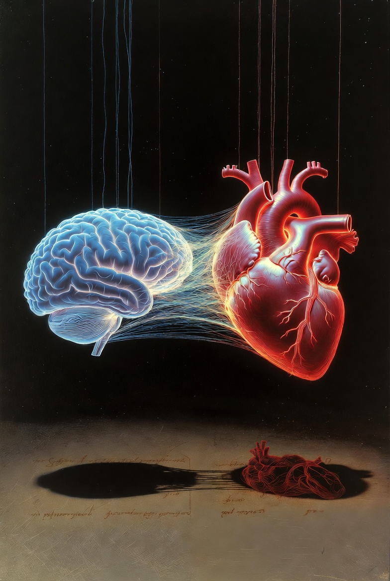 Two anatomical organs suspended in dark space connected by luminous filaments. On the left a human brain rendered in cool blue-white electrical detail with visible neural pathways firing. On the right a human heart rendered in warm arterial red with visible pulse and circulation. Between them a dense web of glowing threads pulling taut in both directions. The image captures the moment of attempted separation — the organs are being drawn apart by invisible force but the filaments refuse to sever. Where the threads stretch thinnest they glow brightest. The space between the two organs is not empty but filled with tension and light. Below each organ a faint shadow shows what it becomes without the other — the brain's shadow is dark and inert, the heart's shadow is shapeless muscle. The connected originals are alive. The separated shadows are not. No background detail. No text. No medical realism. Stylized and slightly abstract like a da Vinci anatomical sketch reimagined as cosmic cartography. The mood is irreducibility under duress. Two things that cannot be one thing and cannot be two things. The test is pulling. The structure is holding.