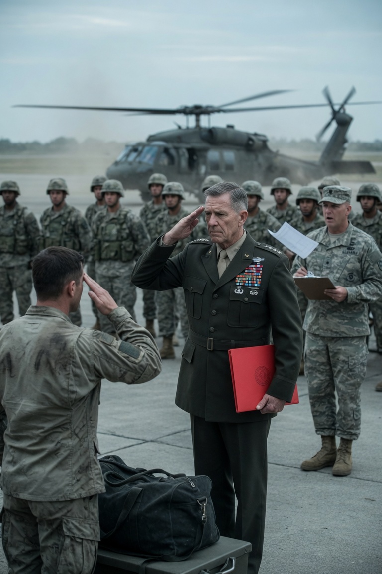 I carried civilians out of a burning village and never once asked for a medal. Years later, my commander pointed toward the gate and said, "Leave, or I will have you removed like trash." I set my duffel on the concrete - then the helicopter landed for me. The metal buckle on my black duffel kept tapping the side of my boot. Tap, tap, tap. That was the only sound on the parade ground until Colonel Harlan decided my humiliation needed an audience. Cold air moved across the runway and lifted the edges of every uniform in formation. Two clean lines of soldiers stood behind him, shoulders squared, faces forward, pretending the whole thing was just another morning order, but nothing about it felt routine. Harlan had his clipboard tucked tight against his ribs like it gave him more authority than the rank already stitched on his chest. His gloves were spotless. His boots looked recently shined. His eyes stayed on me the way a man looks at a problem he has already decided to throw away. "Private Carter," he called out, his voice carrying across the concrete, "your service here is finished." Nobody coughed. Nobody shifted. Even the young corporal near the end of the first line held his breath so hard I saw his throat jump. I waited because that is what soldiers do when a commander starts a sentence like that. You wait for the order behind the order. You wait for the paper, the reassignment, the explanation, the one reason that makes the public shame feel official instead of personal. Harlan gave me none of it. He only lifted his hand and pointed toward the front gate. For one second, my eyes moved past him to the empty ridgeline where helicopters came in when something mattered. The sky was pale, bare, and silent. Then Harlan stepped closer. "People like you confuse usefulness with importance," he said, low enough to make it sting and loud enough to make sure it spread. "Leave, or I will have you removed like trash." That was the line that made the formation crack without anybody moving. A few soldiers stared at the runway lights. One man I had shared rations with suddenly found something interesting on the toe of his boot. Another kept his jaw clenched so tight the muscle jumped beside his ear. The silence did what the insult could not. It got inside my ribs. I had been quiet before, five years earlier, while smoke rolled through a broken clinic and people screamed from places I could not see. I had been quiet while I pushed one child through a window and went back for another. I had been quiet while a beam burned through my sleeve and my left arm went hot, then numb, then useless. You learn restraint in places like that. You learn that panic wastes breath. So I bent down, took hold of the duffel strap, and lifted everything I owned on that base onto one shoulder. The strap cut into the same place it always did. My knees ached. My back pulled. My hands still carried old lines from sandbags, floodwater, broken concrete, and doors kicked open when there was no one else small enough or stubborn enough to crawl through. I had never asked anyone to write my name down. Not after the mountain village. Not after the clinic. Not after I dragged a man in a torn officer's coat from under a burning beam and left him breathing beside the road while the medics ran past me. Back then, I told myself that was the cleanest kind of service. Do the work. Save who you can. Walk away. But standing there with my own unit watching me leave like a stain being wiped off the floor, I understood something I had never wanted to understand. Being forgotten hurts most when the people forgetting you survived because someone stayed silent. I took one step toward the gate, then another. My duffel strap slipped, and I caught it before it fell. Behind me, Harlan said nothing. He did not have to. His point had been made in front of everyone. Then the concrete under my boots trembled. At first, it was so faint I thought my knees had finally betrayed me. Then it came again, deeper this time, moving up through the soles of my boots and into the duffel frame against my hip. The corporal at the end of the line turned his head before he could stop himself. Somebody whispered, "Is that ours?" The sound rolled over the hangars like thunder trapped low to the ground. Harlan's clipboard dipped. Every head on the parade ground turned toward the ridge. A black helicopter cut over the horizon, too direct to be training, too low to be passing through, and too fast for anyone to pretend it was normal. Dust lifted from the runway in a long gray sheet. The soldiers broke formation by inches, then by whole steps. Harlan barked something, but the rotors swallowed it before the words reached anyone. The helicopter did not swing toward headquarters. It did not settle near the command office. It came straight for the open strip between me and the gate, as if the whole base had been built around that one patch of concrete. My duffel slid off my shoulder and hit the ground. This time, I let it. The wheels touched down close enough that the rotor wash shoved Harlan's coat open and sent loose papers skidding from his clipboard. The side door opened before the blades had fully slowed. A decorated general stepped out holding a sealed red mission folder against his chest. He walked through the wind without looking at the colonel. He walked past the stunned soldiers without asking who was in charge. Then he stopped in front of me, lifted his hand, and saluted first. The entire parade ground froze. Harlan's mouth opened, but no sound came out. The general lowered his hand, turned the sealed red folder toward my commander, and slid one thumb under the red seal— Facebook limits post length-don't forget to switch from "Most Relevant" to "All Comments" to continue reading more