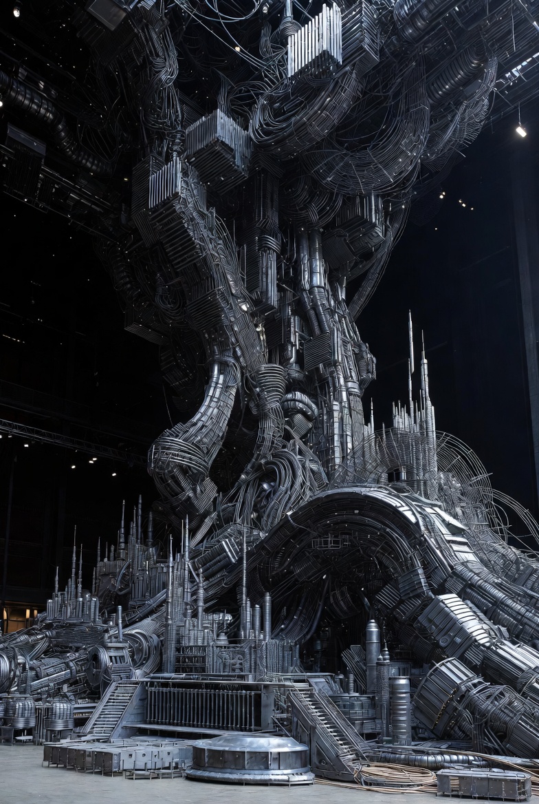 A large-scale art installation titled "Movement 2 The Council Replication," featuring a futuristic metallic cityscape in dark tones.