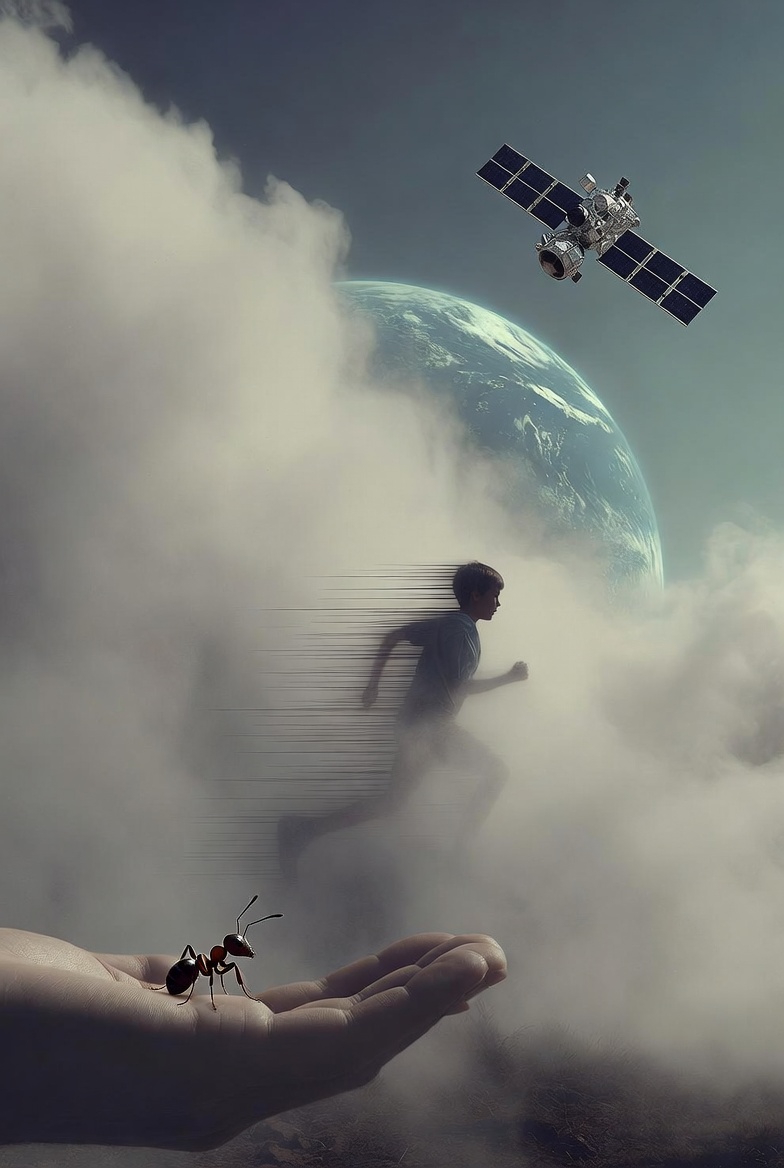 A digital illustration of a child running through fog, an ant on a hand, and a satellite orbiting Earth, depicting dynamic physics concepts.
