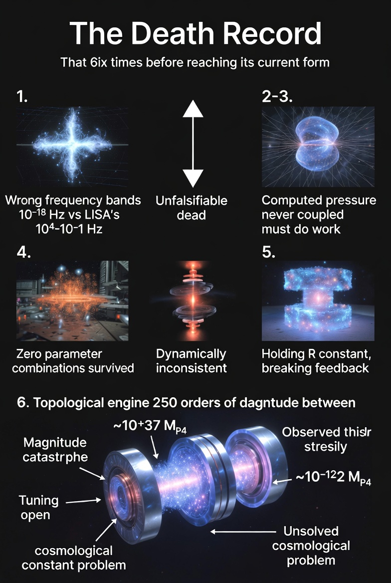 An abstract representation of 'The Death Record' showing six stages of a mechanism's evolution, each marked by failure.