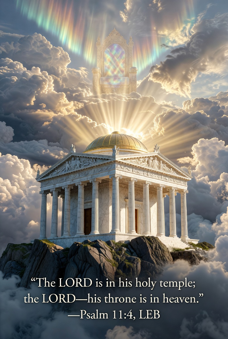 A Greco-Roman temple on a cliff, with a golden dome and dramatic sky, featuring a divine inscription.