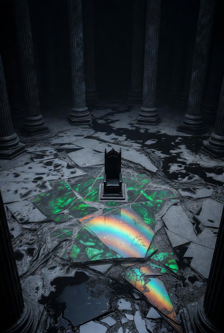A top-down photograph of a desolate heavenly Throne Room with a central black throne in a dark, empty space.
