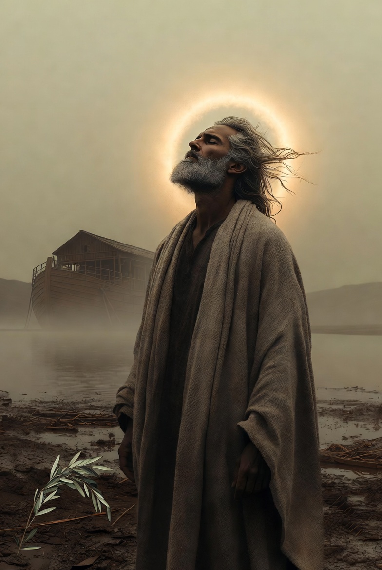 A photographic-style biblical scene of Yahweh in a post-Flood landscape, symbolizing divine reflection.