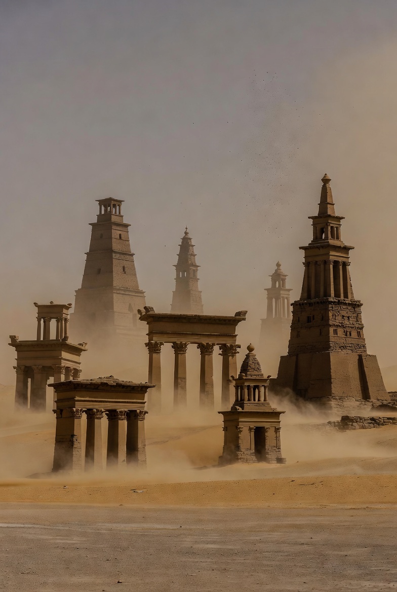 A photograph of ancient structures in a barren desert under a dusty sky, depicting humanity's responses to extraordinary encounters.