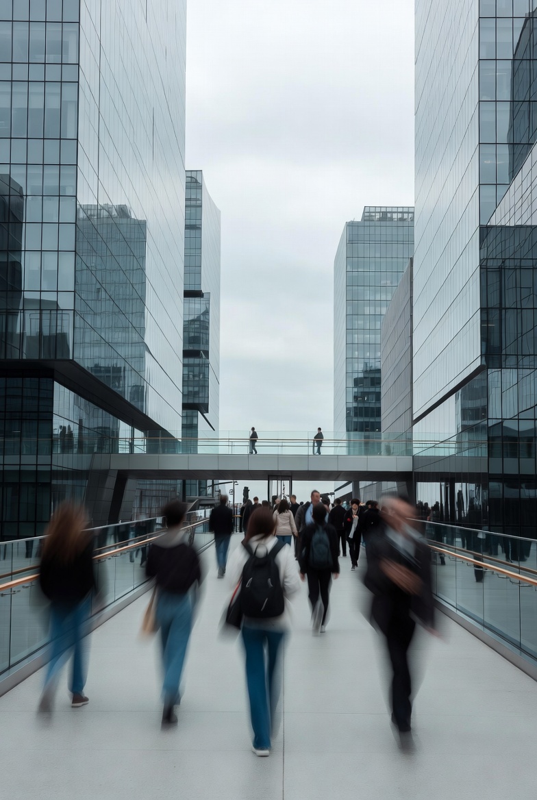 A photograph of a modern urban scene with people on a pedestrian bridge, skyscrapers, and an overcast sky.