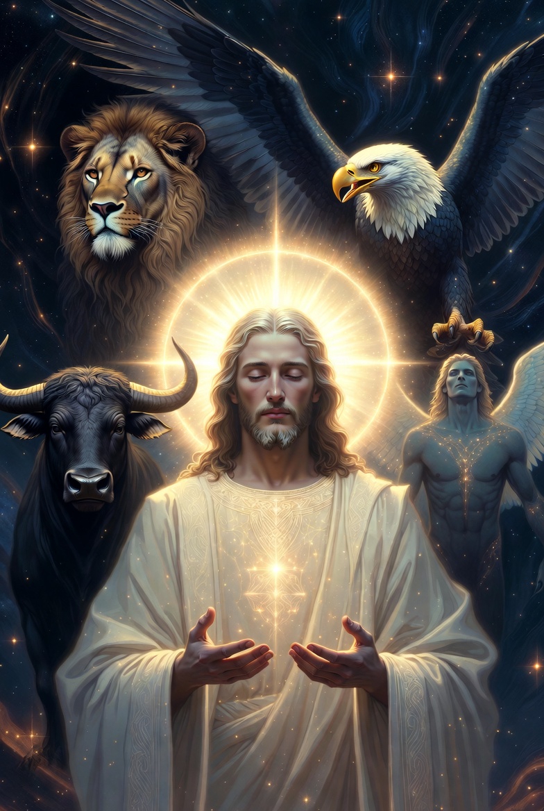 A digital illustration of Christ with a glowing halo, surrounded by symbolic beasts in a spiritual, starry atmosphere.